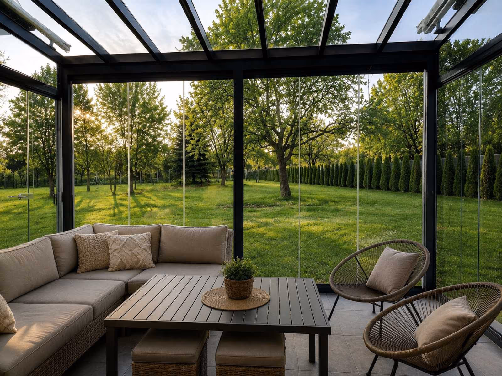 A Top Garden 1 télikert fénnyel teli belső tere nagyméretű üvegezéssel